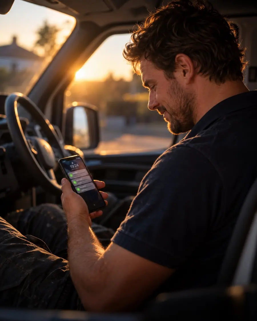 Installer in his van reading new enquiry notifications